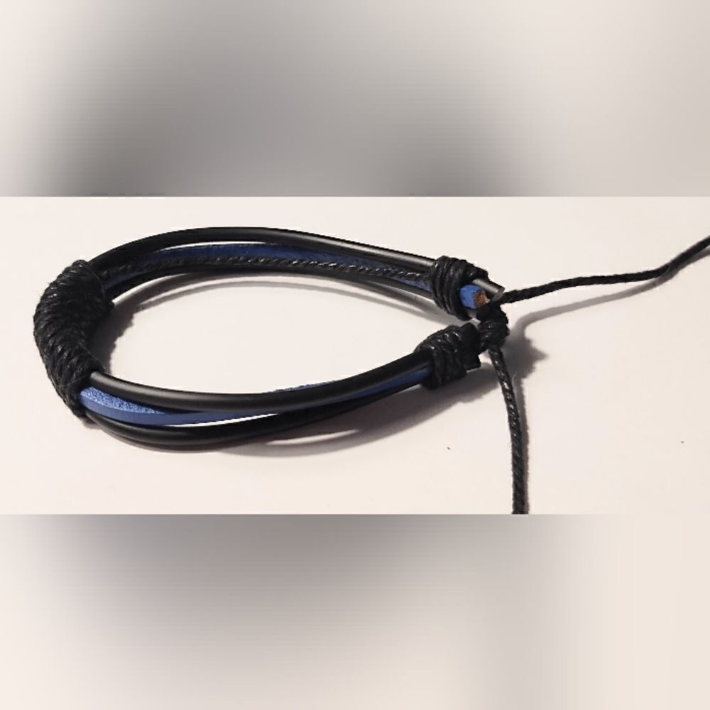 Men's bracelet leather braided layered black new d72